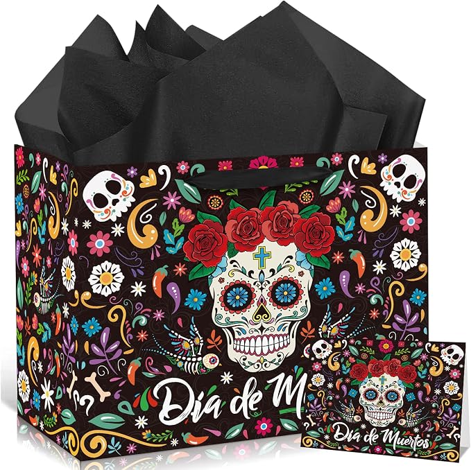 Day of The Dead Gift Bag with Wrapping Paper and Card Dia De Los Muertos Party Favor Bags Sugar Skull Rose Flower Gift Wrap Bag with Handle Mexican Carnival Paper Bags for Day of The Dead Halloween