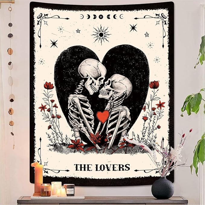 ARTCREATOR The Lovers Skull Tapestry Wall Hanging Black and White Skeleton Tapestries Vertical Witchy Gothic Wall Bedroom Decor for Living Room Bedroom (29" x 37") - skull wall art