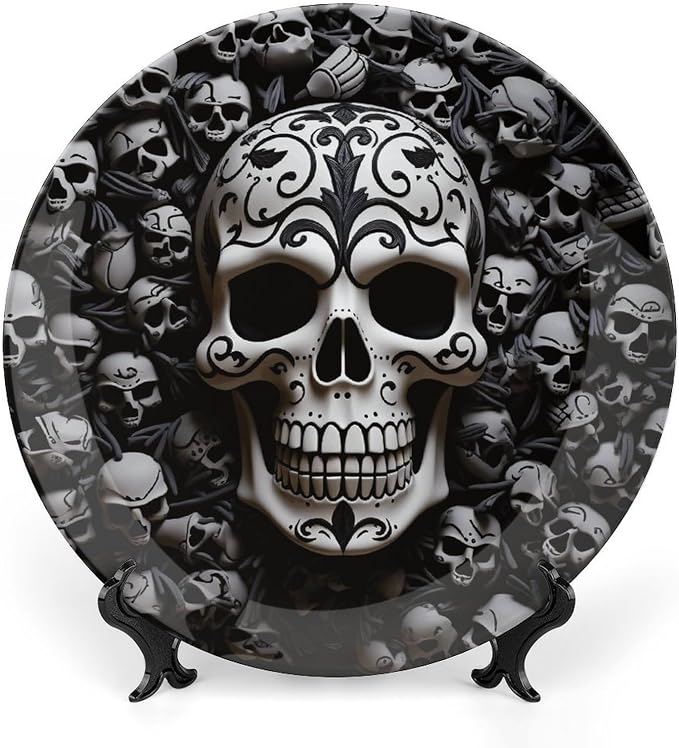 Decorative Plate 7inch Black And White Skulls Ceramic Dinner Plate with Display Stand Ceramic Dinner Plates for Living Room Crafts Art Hanging Porcelain Plates Home Decor Accessories - skull plate