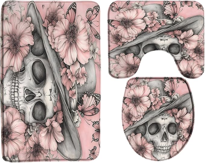 3PCS Gothic Skull Floral Bath Mat Set Pink Funny Skeleton Butterfly Flower Vintage Halloween Unique Scary Spooky Horror Dead Day Bathroom Bath Mat，U-Shaped Contour Rug and Toilet Lid Cover - skull toilet mat