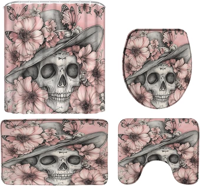 4PCS Gothic Skull Floral Shower Curtain Set Pink Funny Skeleton Butterfly Flower Vintage Halloween Unique Scary Spooky Horror Dead Day Bath Mats,Toilet Cover,U-Shaped Toilet Mat - skull toilet mat