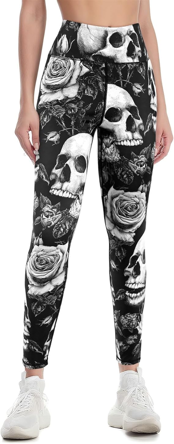 Women's High Waisted Printed Leggings Soft Stretchy Pants - skull leggings
