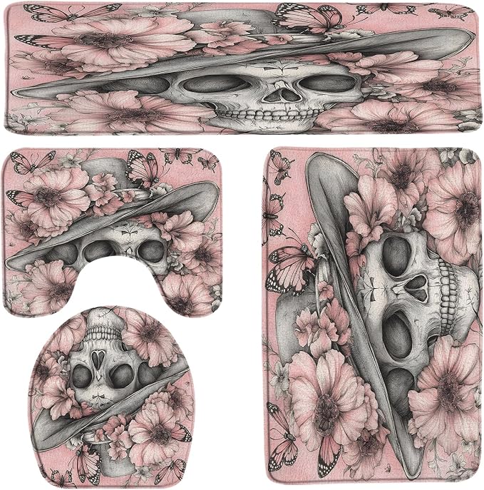4PCS Gothic Skull Floral Bath Mat Set Pink Funny Skeleton Butterfly Flower Vintage Halloween Unique Scary Spooky Horror Dead Day Bath Mats,Toilet Cover,U-Shaped Toilet Mat - skull toilet mat