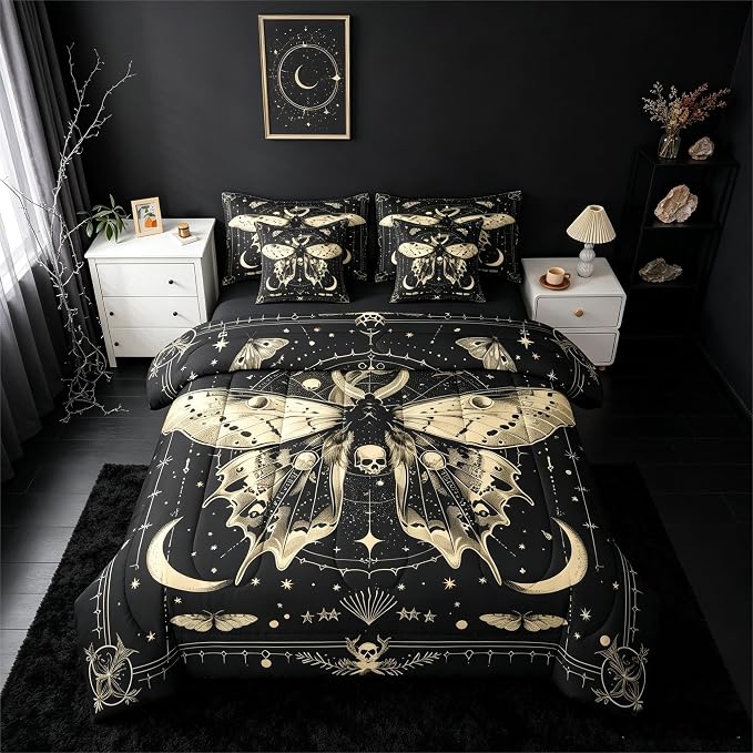 Erosebridal Moth Skull Moon 7 Piece Bedding Set Twin Bohemian Stars - skull bedding