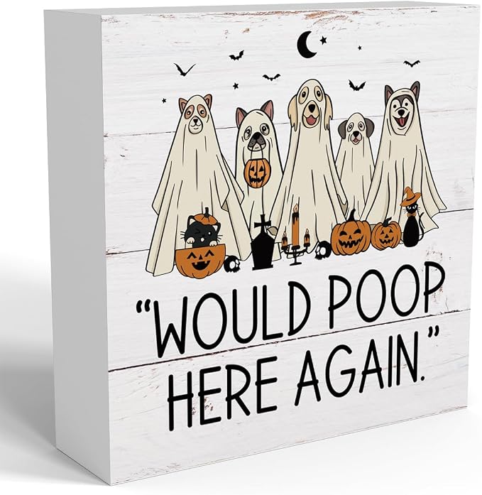 Funny Halloween Bathroom Decor, Cute Ghost Table Decorations Spooky Bathroom Decor, Gifts Halloween Party Vintage Black Cat Dog Rustic Pumpkin Wooden Box Sign Would Poop Here Again Decor - skull toilet paper