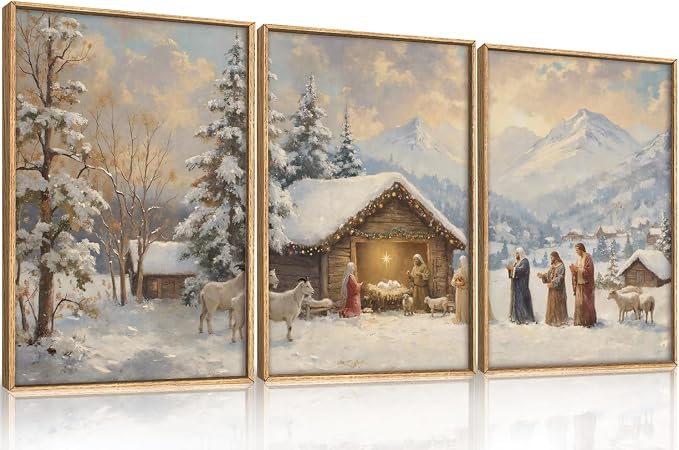 HOURIA Vintage Christmas Nativity Framed Canvas Wall Art Set, Religious Christian Birth of Jesus Biblical Wall Decor, Winter Snowy Landscape Artwork for Living Room,Church,Xmas Holiday Gifts-16"x24"x3 - skull wall art