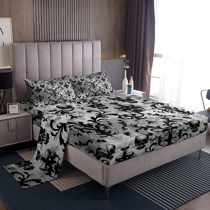 Erosebridal Skull Vintage Floral Bed Sheets Set King Gothic Victorian Baroque Sheet Set Horror Theme Skeleton Sheets Black Damask Floral Exotic Flat Fitted Sheet - skull bedding