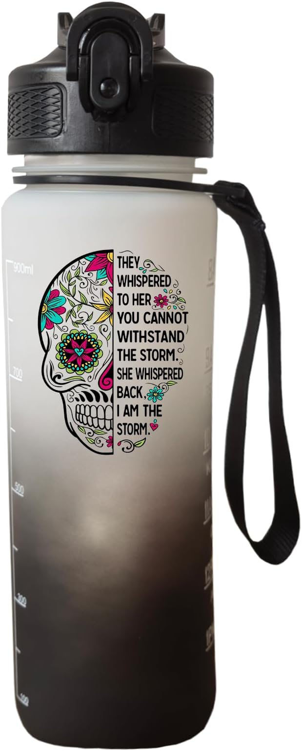 I Am The Storm Sugar Skull Plastic Transparent Straw 32 OZ —— Motivational Quotes & Time Tracking, Buckle Handle & Wide, Lightweight & Versatile for All Occasions - skull backpack