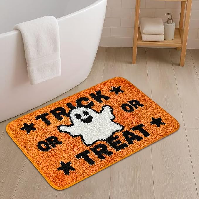 20x32 inch Cute Halloween Orange Ghost Bath Rug Ghost Bathroom Rug Non-Slip Floor Mat for Bathroom Rug Soft Absorbent Bath Tub Mat Room Halloween Decor Ghost Bath Mat - skull toilet mat
