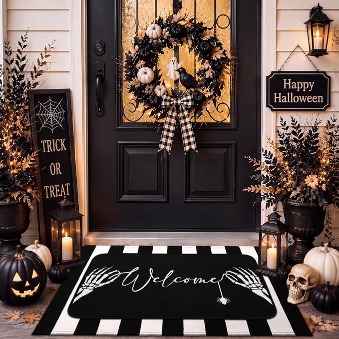 Tinideya 2 Pcs Halloween Door Mats Outdoor Layered Skull Welcome Mat - skull floor mat