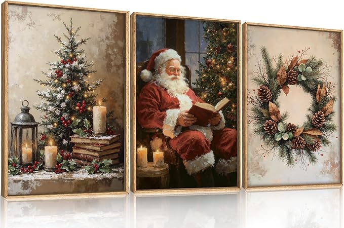 HOURIA Vintage Christmas Tree Santa Claus Framed Canvas Wall Art Set, Rustic Pinecone Wreath Berries Decor, Retro Winter Cozy Night Candle Light Artwork for Living Room, Xmas Holiday Gifts - 24"x36"x3 - skull wall art