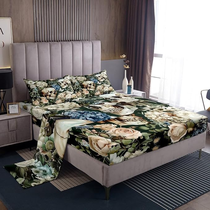 Erosebridal Butterfly Sugar Skull Bed Sheets Set Full Rose Hydrangea Leaves - skull painting