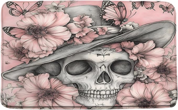 Gothic Skull Floral Bath Mat Pink Funny Skeleton Butterfly Flower Vintage Halloween Unique Scary Spooky Horror Dead Day Bathroom Floor Bathtub Bath Rug - skull floor mat