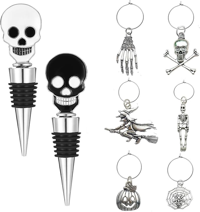 Halloween Wine Stopper With Wine Charms Set,2PCS Skull Wine Bottle Stopper Reusable Wine Corks with Silicone Seal, Bottle Cover Leak proof Keep Fresh-Black/White