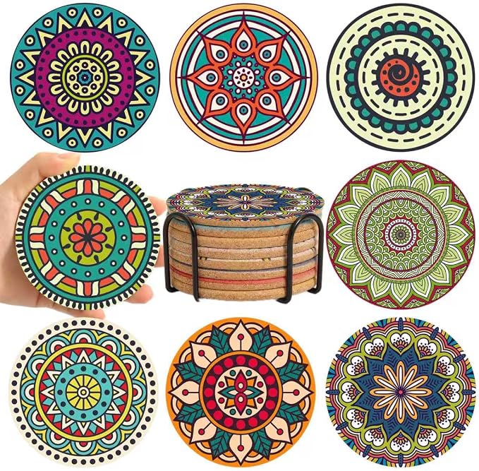 Cork Coasters Set of 8 for Drinks,Colorful Cup Coaster with Holder - skull coaster