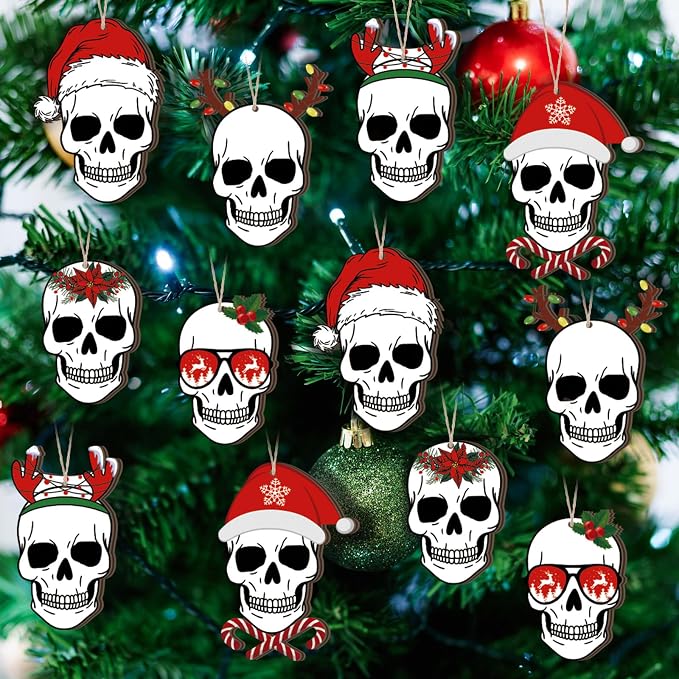 Suncalla 12 Pcs Snowflake Skull Christmas Ornaments Gothic Hanging Decor - skeleton