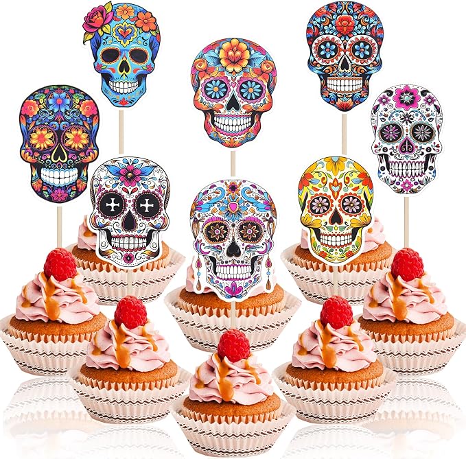 32 Pcs Day of the Dead Cupcake Toppers – Sugar Skull Cake Decorations with Colorful Floral Designs – Fiesta Cupcake Picks for Día de los Muertos Party, Halloween, or Mexican Theme Celebration - skull figurine