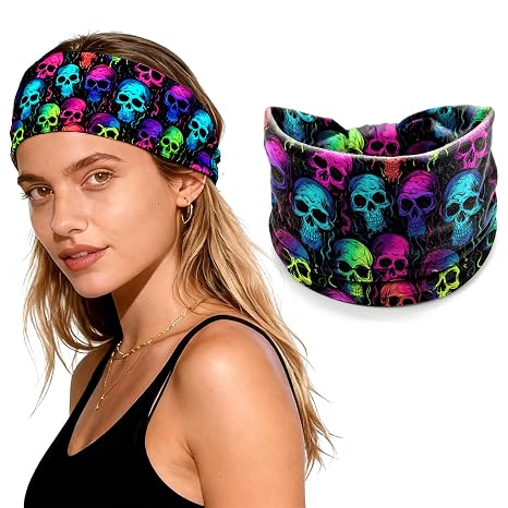 Colorful Skull Headbands Halloween Hairbands Wide Skull Headband Workout Non Slip Turban Head Wraps Skeleton Sports Sweatbands Yoga Hair Scarfs Halloween Hair Accessories for Women Cosplay Party Decor - skull headband