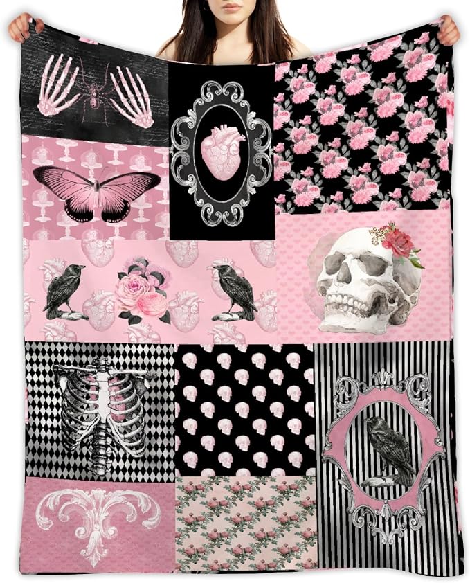 Gothic Collage Rose Skull Butterfly Skeleton Retro Blanket Gift for Girl Boy, Gothic Throw 50 x 60 Inch Lightweight Soft Cozy Blankets for Couch Bed Sofa Chair - skull blanket