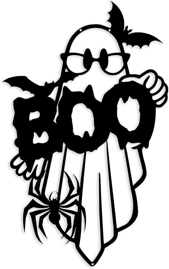 RESACO Cute Ghost Wall Art Halloween Metal Wall Decor Halloween Decorations for Front Door Wall Decorations for Bathroom Living Room Indoor Outdoor (10.6IN X 16.9IN Black) - skull wall art