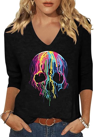 Women's Casual 3/4 Sleeve Shirt Holiday Graphic Tops - skull tshirt