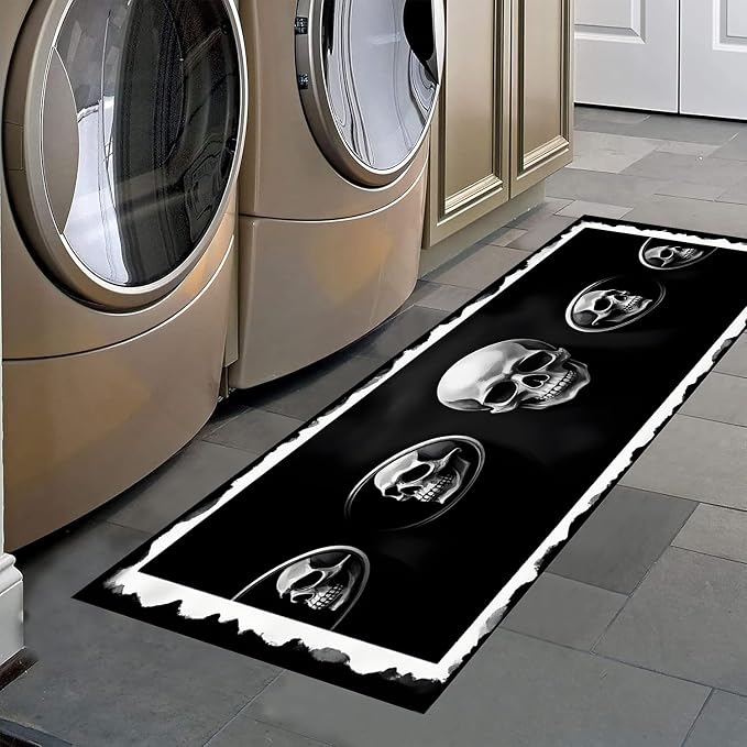 Halloween Skull Hallway Area Rug,2.6x7ft Gothic Kitchen Runner Rug,Black White Western Runway Carpet,Bedroom Washable Non Slip Carpet,Corridor Low Pile Soft Large Mat Dining Room Office - skull carpet