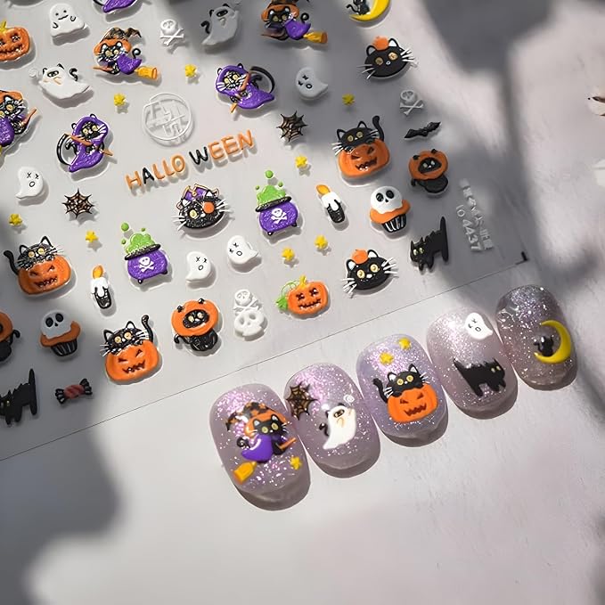 Halloween Nail Art Sticker Cute Ghost Nail Stickers Pumpkin 5D Self-Adhesive Nail Decals Black Cat Nail Art Sugar Skull Nail Supplies Accessories Decoration for Women and Girls - skull sticker