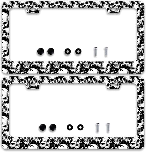 Skull Skeleton License Plate Frames Stainless Steel 6x12 Inch 2-Hole 2 Pack - skull plate
