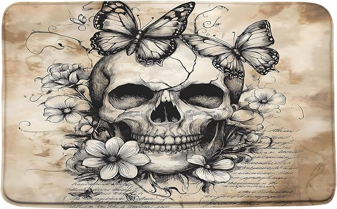 Skull Floral Bath Mat Vintage Flower Butterfly Sugar Skeleton Spooky Halloween Gothic Spooky Retro Scary Horror Bathroom Floor Bathtub Bath Rug - skull floor mat