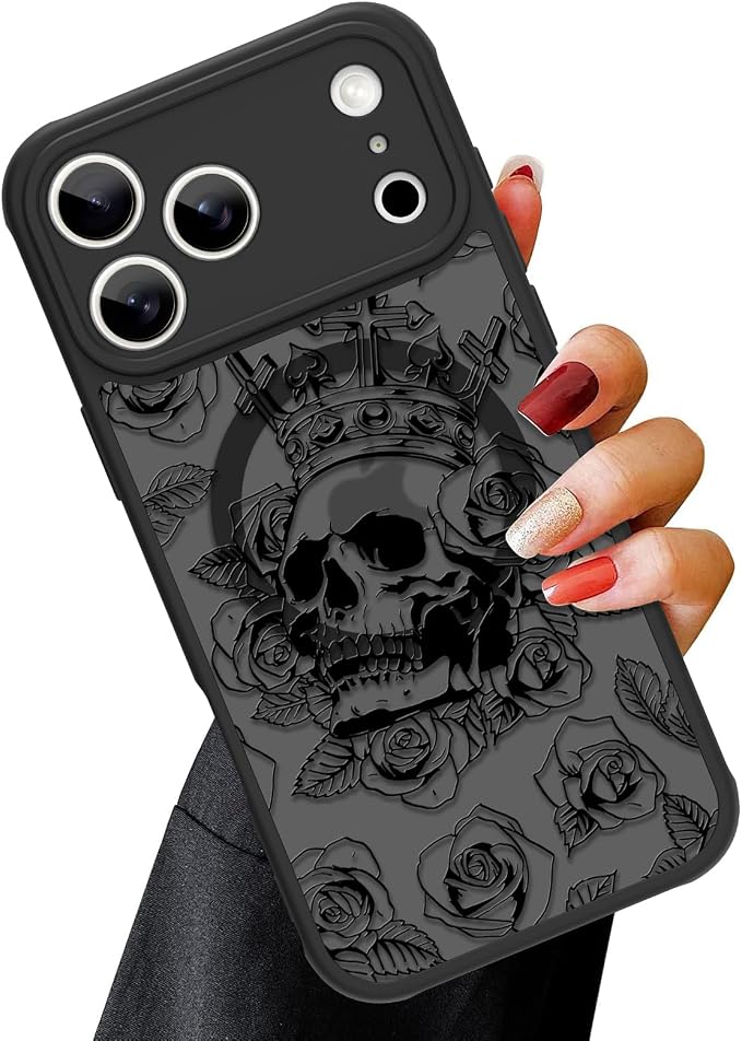 OOK for iPhone 17 Pro Case Magnetic Black Skull Folwers Design