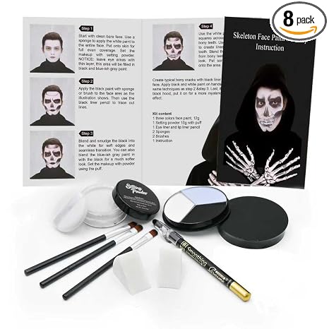 Professional Halloween Skeleton Makeup Kit, Full Face & Body Paint Set with Dual-End Brushes, Setting Powder & Easy-Grip Sponges, Ideal for SFX - sugar skull makeup