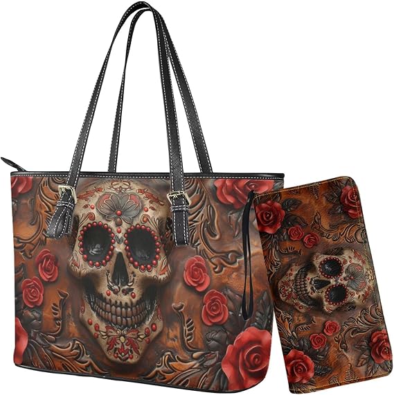 Lotusorchid Handbags Wallet Tote Bag, Women Top Handle Bag with Wrist Strap Wallet for Travel - sugar skull handbags for sale