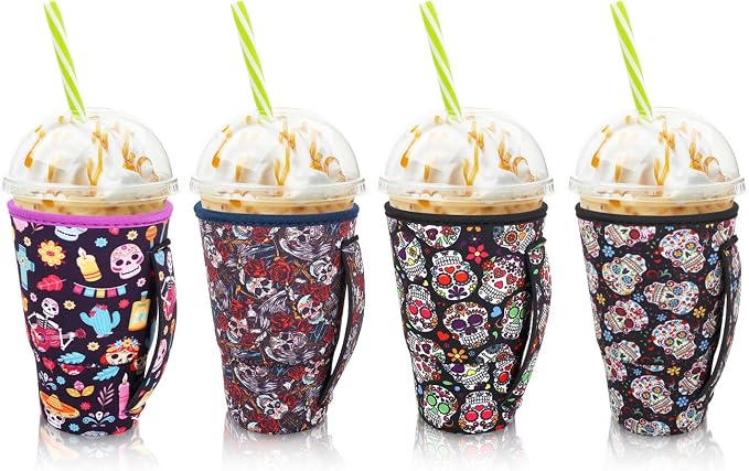 4Pack Iced Coffee Sleeve With Handle, 30-32oz, Sugar Skull - sugar skull boots