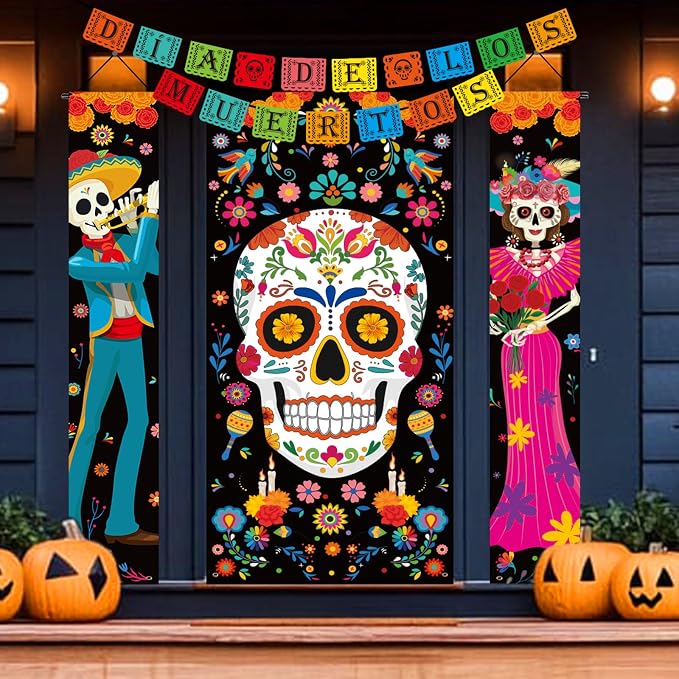5PCS Dia De Los Muertos Decorations Set: Day of the Dead Hanging Porch Signs, Banners, Mexican Skull Door Covers Halloween Ofrenda Altar Indoor Outdoor Decor Party Supplies - skull floor mat