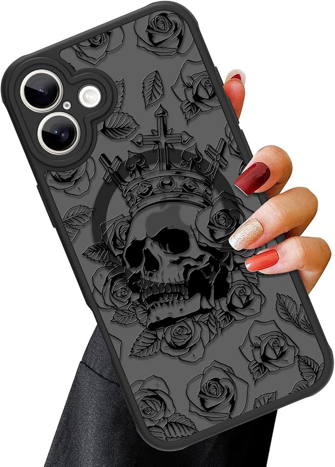 OOK for iPhone 17 Case Magnetic Black Skull Folwers Design