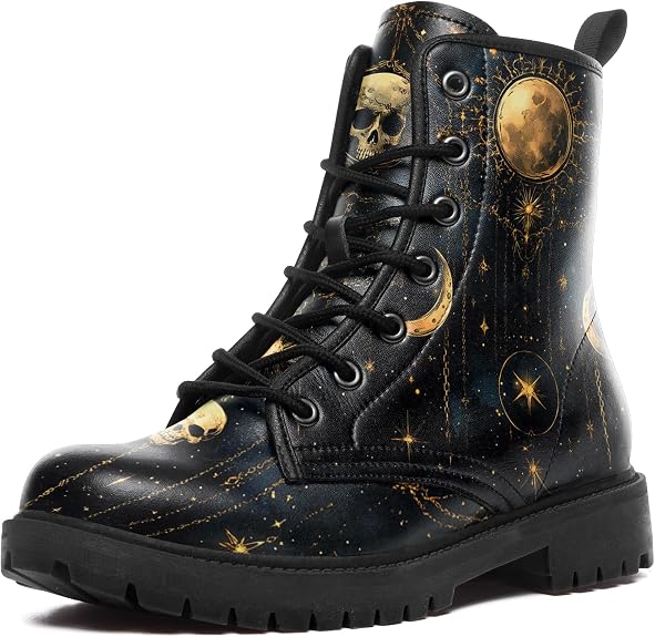 Gothic Combat Boots for Women & Men – Punk Rock Lace-Up Chuncky Heel Ankle Boots Vegan Leather Waterproof Black work boots - sugar skull boots