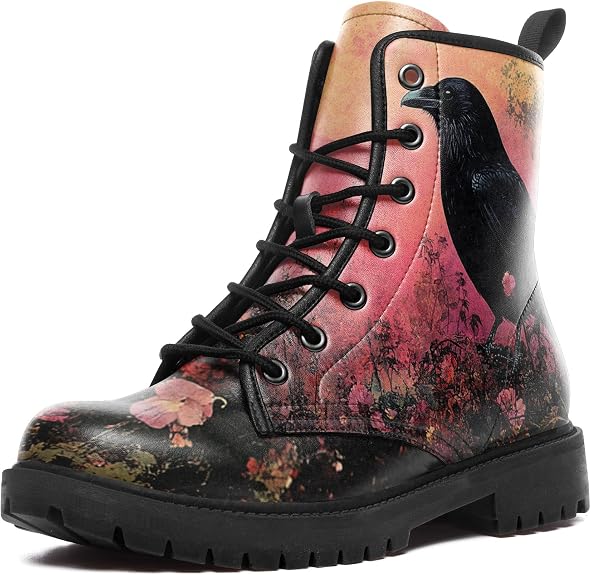 Gothic Combat Boots for Women & Men – Punk Rock Lace-Up Chuncky Heel Ankle Boots Vegan Leather Waterproof Black work boots - sugar skull costume