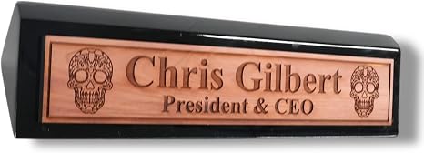 Desk Wedge Name Plate - PERSONALIZED - Sugar Skull - 11 Inches (Black Piano) - skull plate