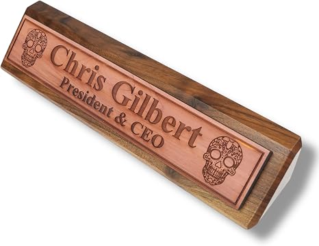 Desk Wedge Name Plate - PERSONALIZED - Sugar Skull - 11 Inches (Genuine Walnut) - skull sticker