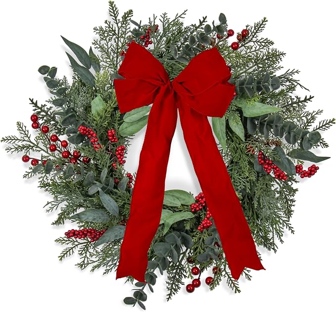 24 Inch Christmas Wreath with Red Berries, Eucalyptus & Red Bow - skull wreath