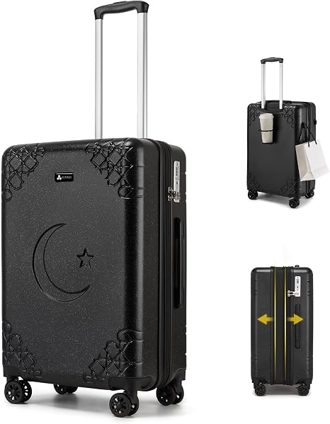 Somago Expandable Carry On luggage with Shock-Absorbing Braking Spinner Wheels Moon Star Design Hard Shell Suitcase with Cupholder TSA Lock (Black,Expandable 20 Inch)