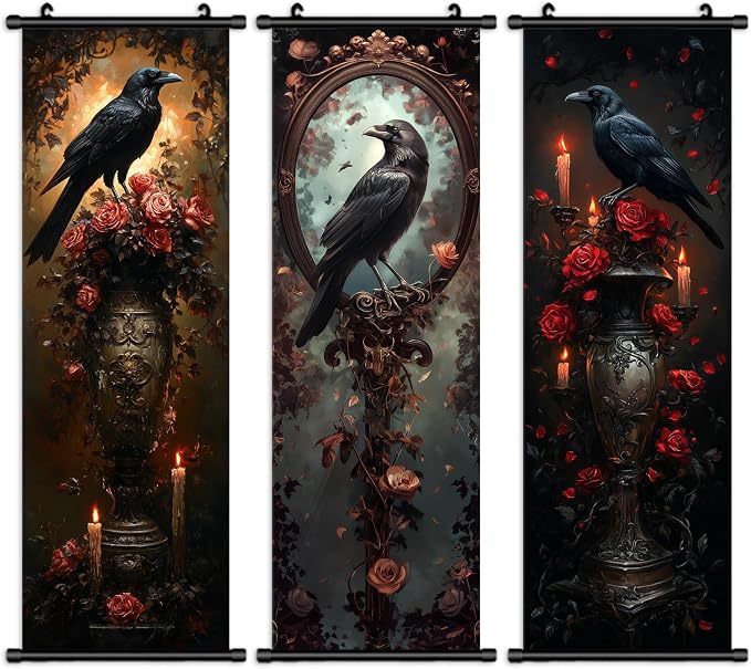 Pennimor 3Pcs Vintage Halloween Wall Art, Haunted Mansion Decor 15.8x47.2in Gothic Ravens Roses Candles Artwork Horror Poster Porch Door Sign Welcome Banner Indoor Outdoor Wall Home Party Supplies - skull wall art