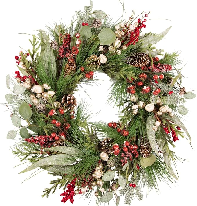 24 Inch Luxury Christmas Wreath, Full Artificial Wreath with Eucalyptus, Red & Gold Berries, Pomegranates, and Mixed Pinecones for Elegant Front Door, Porch, or Wall Holiday Decor - skull wreath
