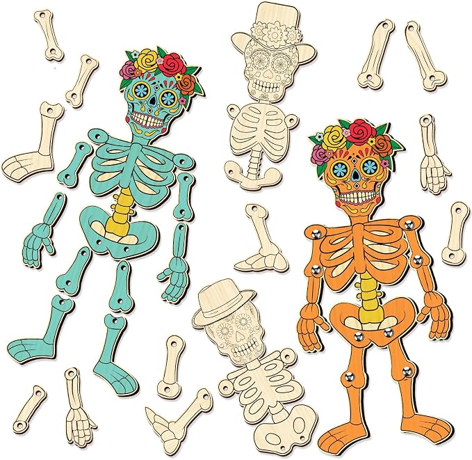 Soulchen 12 Pcs Day of the Dead Wooden Unfinished Puppet Kits - sugar skull ornament