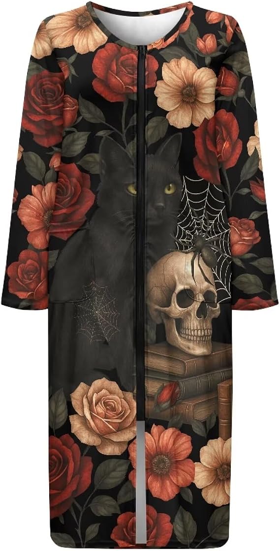 Women Nightgowns Zipper Front Robe Sleepwear Dress Breathable Nightwear Dress with 2 Pockets Loungewear, S-4XL - skull pajamas