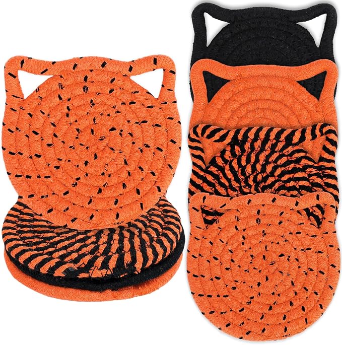 Whaline Halloween Cat Ear Shape Cotton Coasters Black Orange Cat Ear Handmade Braided Drink Coasters Absorbent Cup Mats for Trick or Treat Party Home Table Decor, Set of 4 - skull coaster
