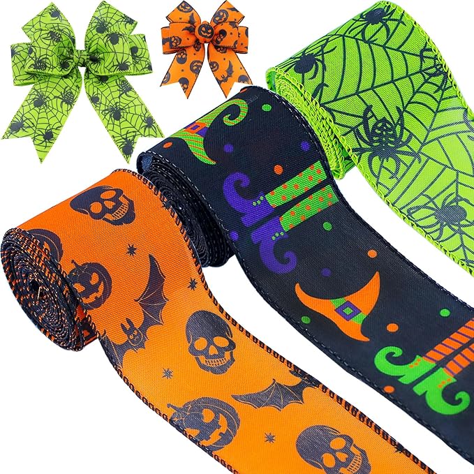 3 Rolls 15 Yards Halloween Wired Edge Ribbon - Bat Skull Pumpkin Halloween Decorative Spider Web Printed Wrapping Ribbon for Party Wreath DIY Craft Floral Bow - skull wreath