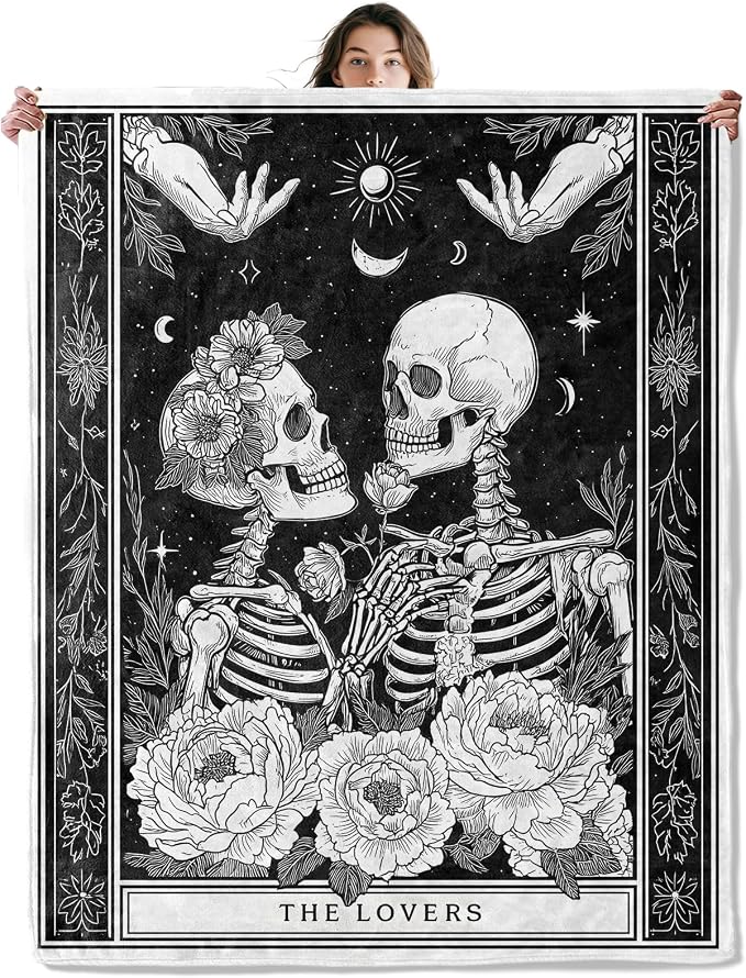 Skull Couple Throw Blanket Soft Cozy Lightweight Flannel Blankets with Gothic Romantic Skeleton Lovers and Floral Printed for Adults Bedroom Dorm Office Goth Halloween Decor Gifts 50x60 Inch - skull blanket