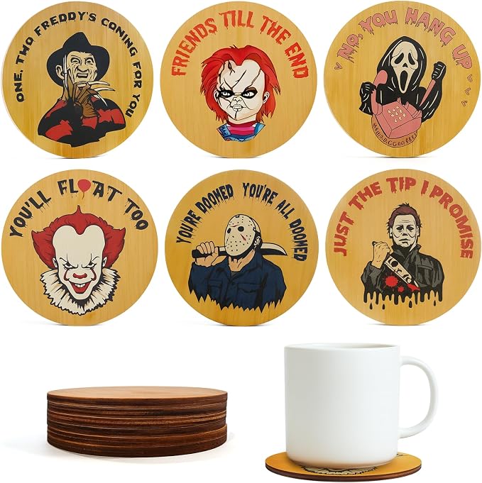 6Pcs Horror Movie Character Spooky Coasters Gift Set with Holder- Horror Movie Accessories Bar Coaster for Party Decor,Halloween Kitchen Table Decorations - skull coaster