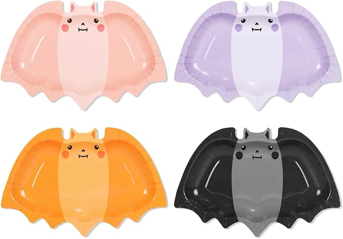 Whaline 24 Pcs Halloween Paper Plates Bat Disposable Dinner Plates Boho 4 Pastel Colors Tableware for Party Supplies Table Decor, 10.5 x 6.9 In - skull plate